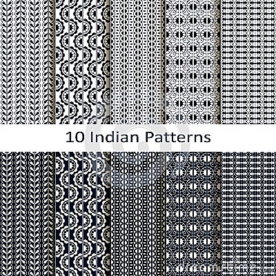 Seamless vector set of ten indian lineal geometric patterns. seamless template in swatch panel. design for print, textile, pa Vector Illustration